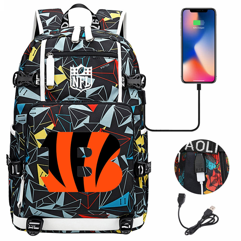 Cincinnati Bengals Football Team USB Charging Backpack School Notebook Travel Bags