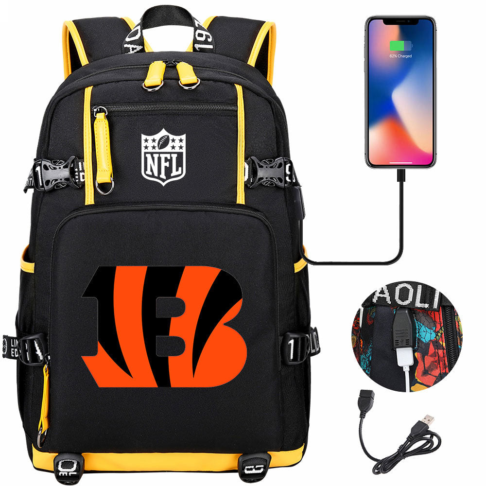 Cincinnati Bengals Football Team USB Charging Backpack School Notebook Travel Bags