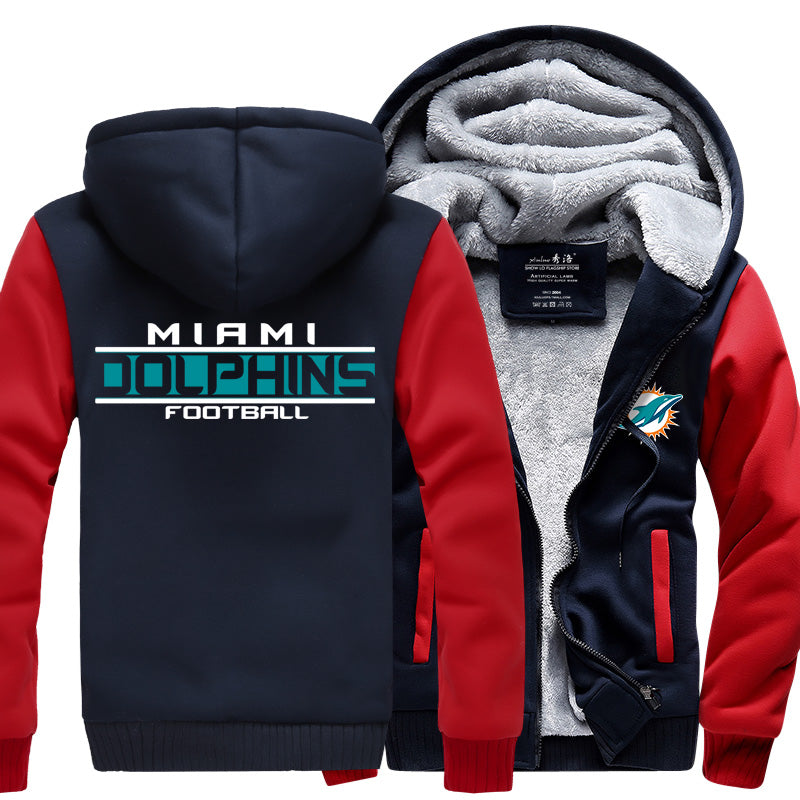 Miami Football Team Dolphins Unisex Lined Hoodie Fleece Sweatshirt Full Zipper Hooded Thicken Jacket