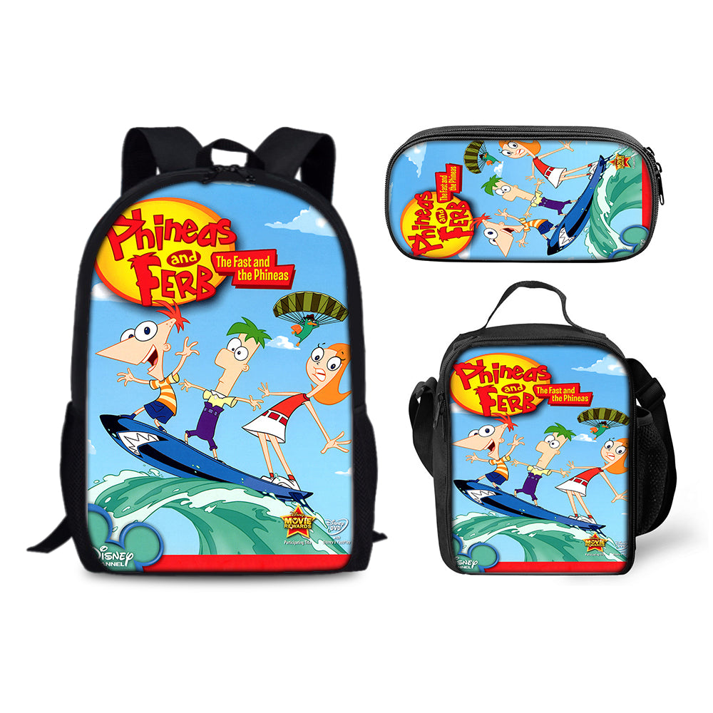 Phineas and Ferb Backpack Schoolbag Lunch Bag Pencil Bag for Kids Students 3PCS