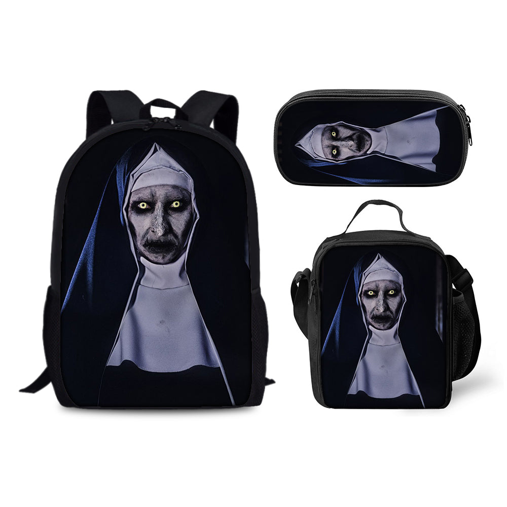 Nun Scary Movie Backpack Schoolbag Lunch Bag Pencil Bag for Kids Students 3PCS