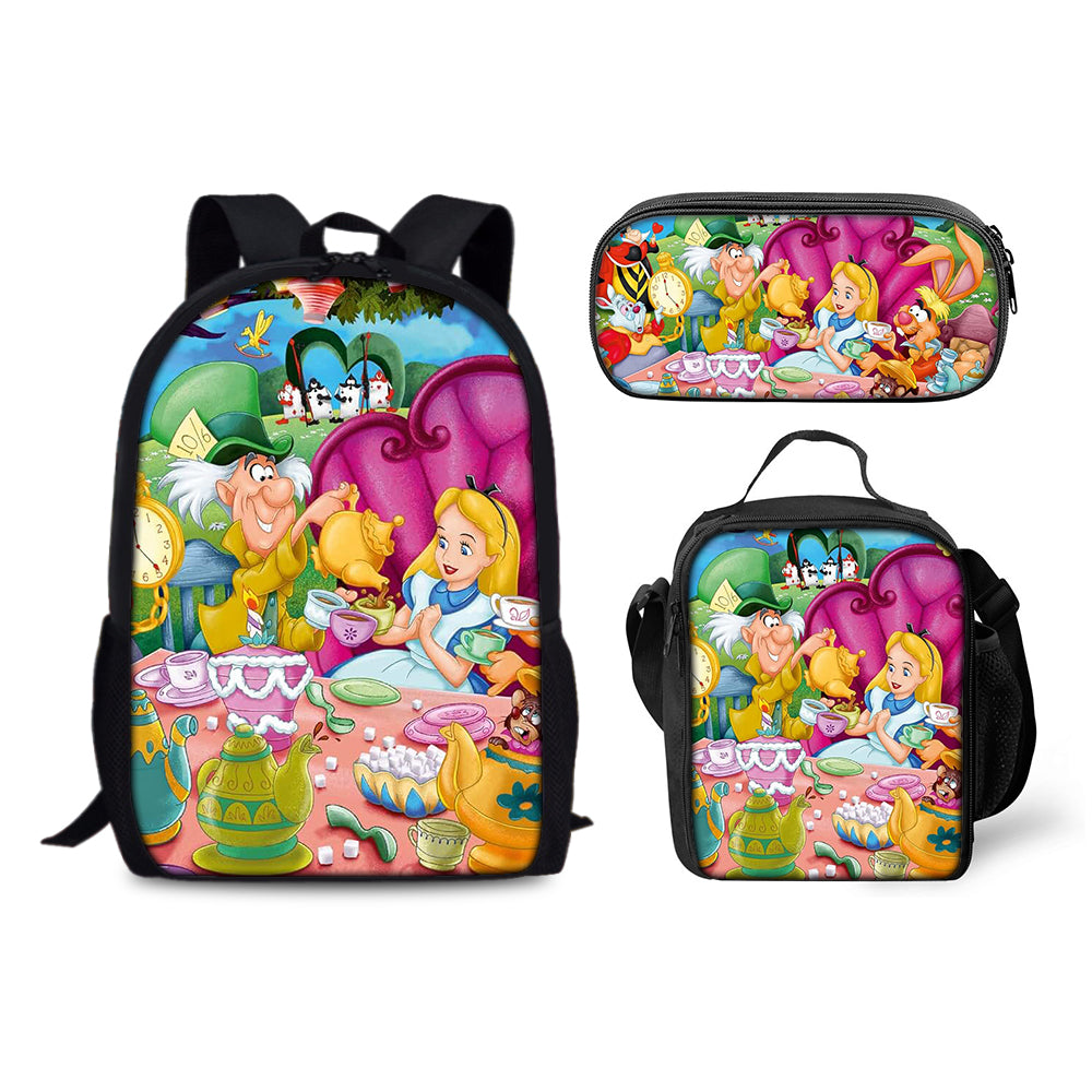 Alice Adventures in Wonderland Backpack Schoolbag Lunch Bag Pencil Bag for Kids Students 3PCS