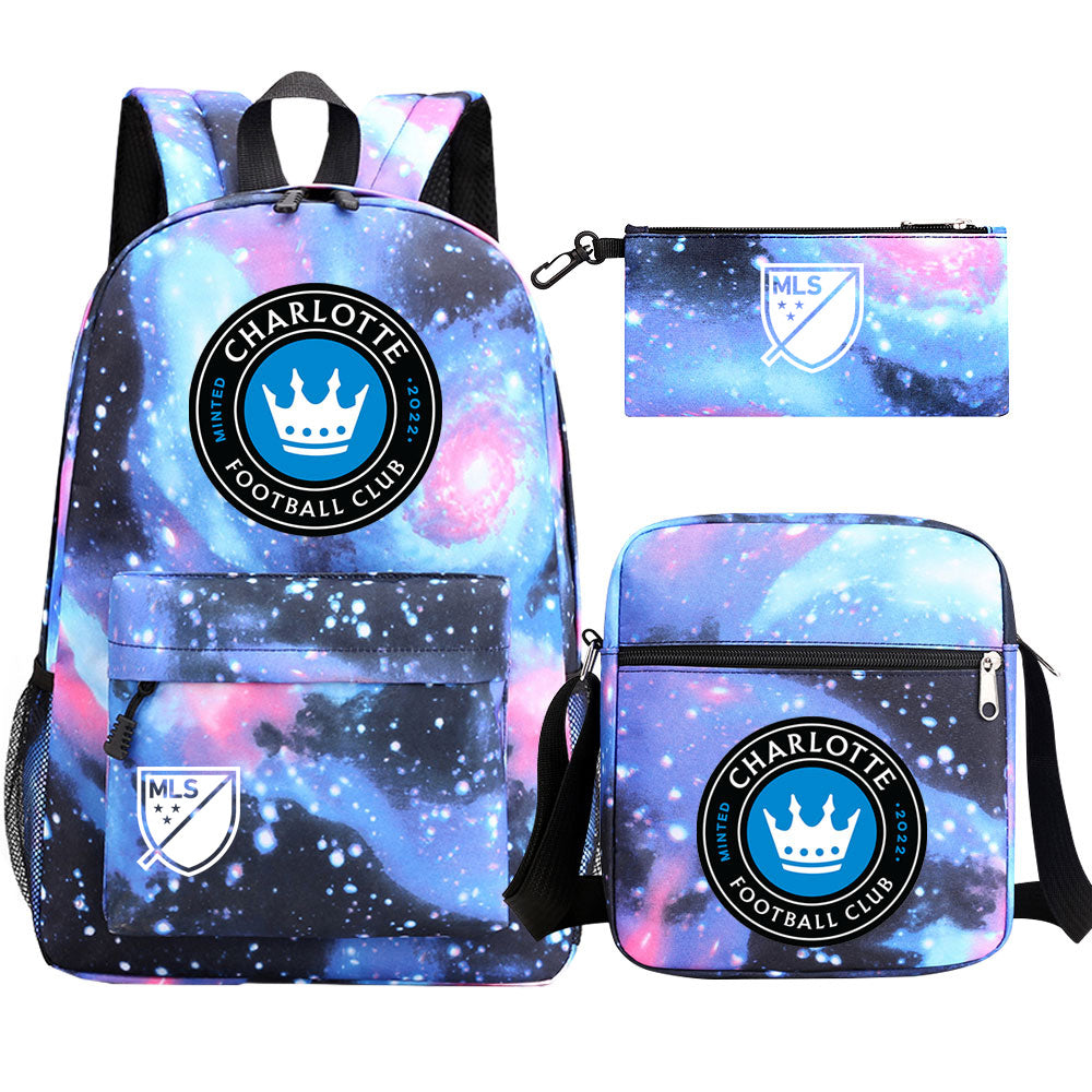 Charlotte Soccer Printed Schoolbag Backpack Shoulder Bag Pencil Bag 3pcs set for Kids Students