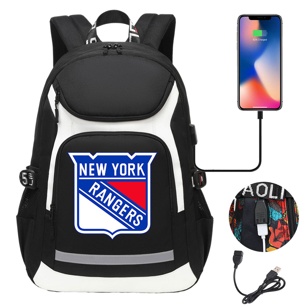 New York Rangers Hockey League USB Charging Backpack School Notebook Travel Bags