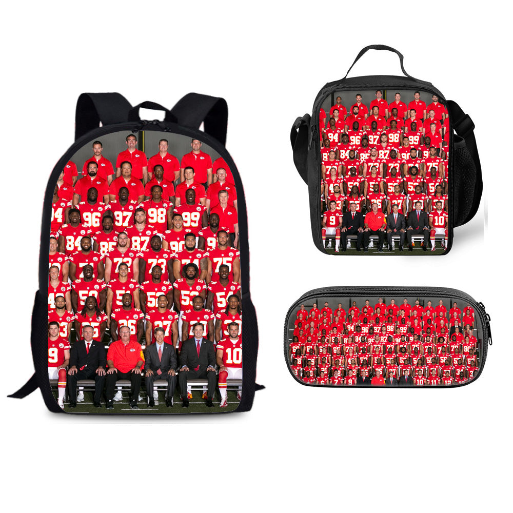 Kansas City Chiefs Football Team Full Printed Backpack Schoolbag Travel Notebook Bag Lunch Bag Pencil Bag for Kids Students 3PCS