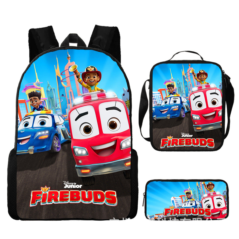 Firebuds Full Printed Backpack Schoolbag Travel Notebook Bag Lunch Bag Pencil Bag for Kids Students 3PCS