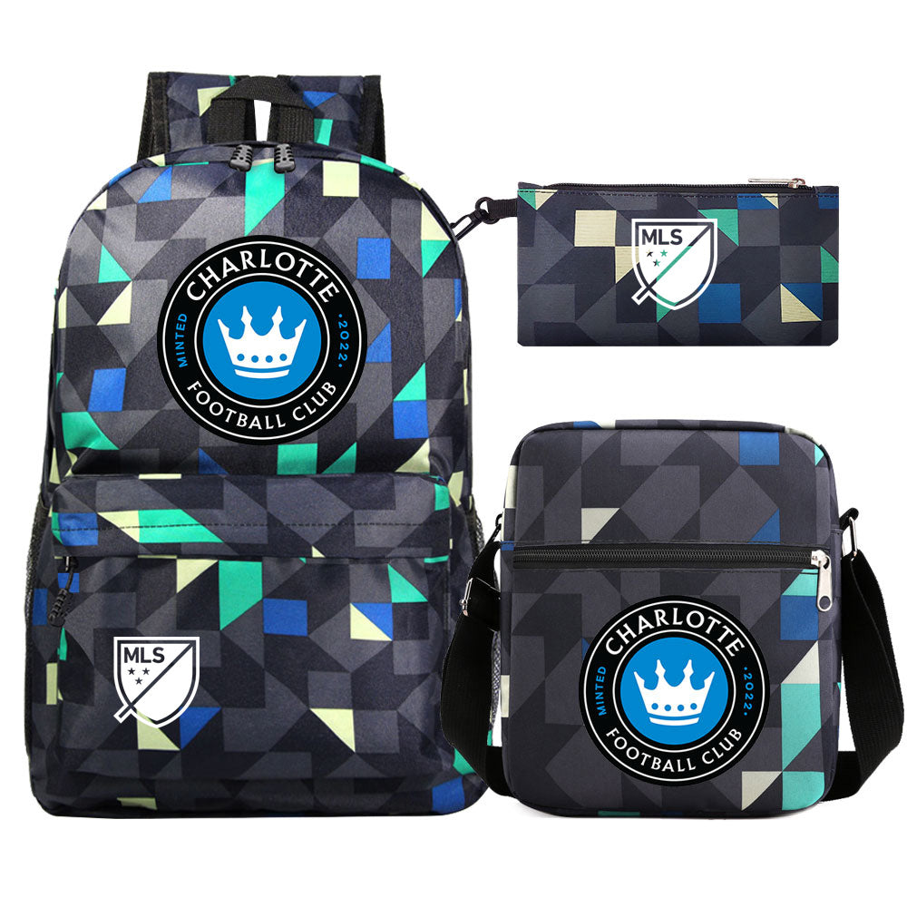 Charlotte Soccer Printed Schoolbag Backpack Shoulder Bag Pencil Bag 3pcs set for Kids Students