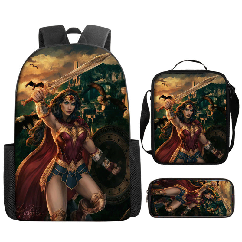 Wonder Woman Full Printed Backpack Schoolbag Travel Notebook Bag Lunch Bag Pencil Bag for Kids Students 3PCS