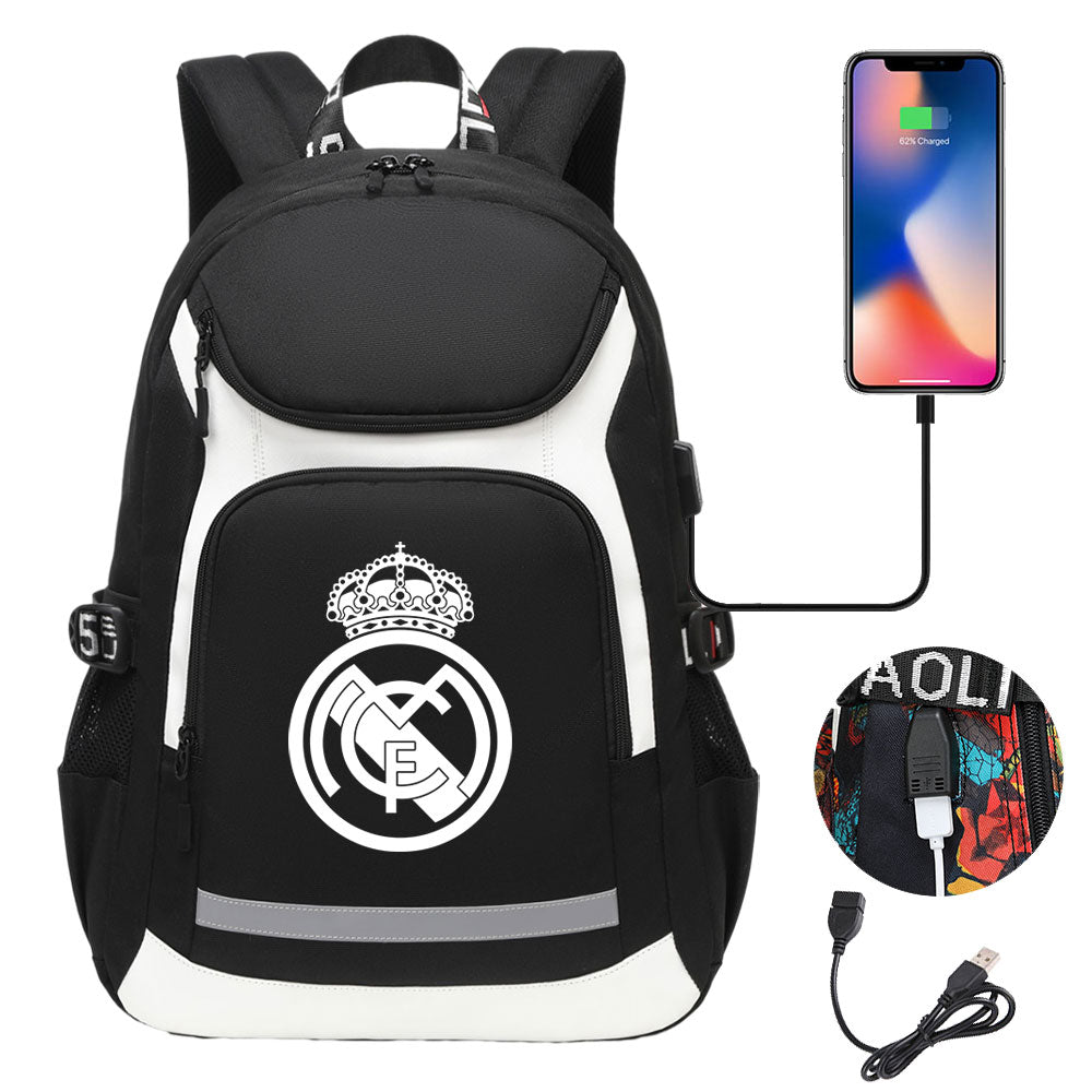 Real Madrid Football Club USB Charging Backpack School Notebook Travel Bags