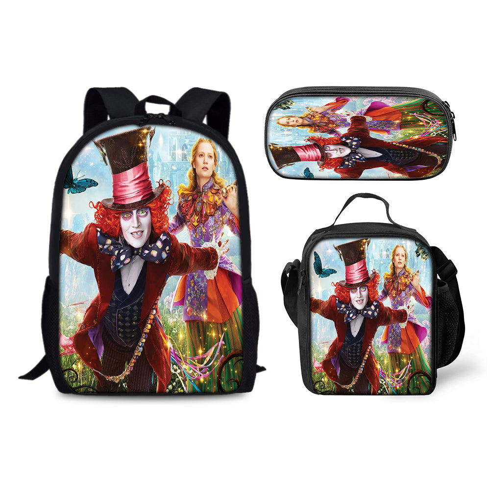 Alice Adventures in Wonderland Backpack Schoolbag Lunch Bag Pencil Bag for Kids Students 3PCS