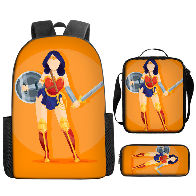 Wonder Woman Full Printed Backpack Schoolbag Travel Notebook Bag Lunch Bag Pencil Bag for Kids Students 3PCS