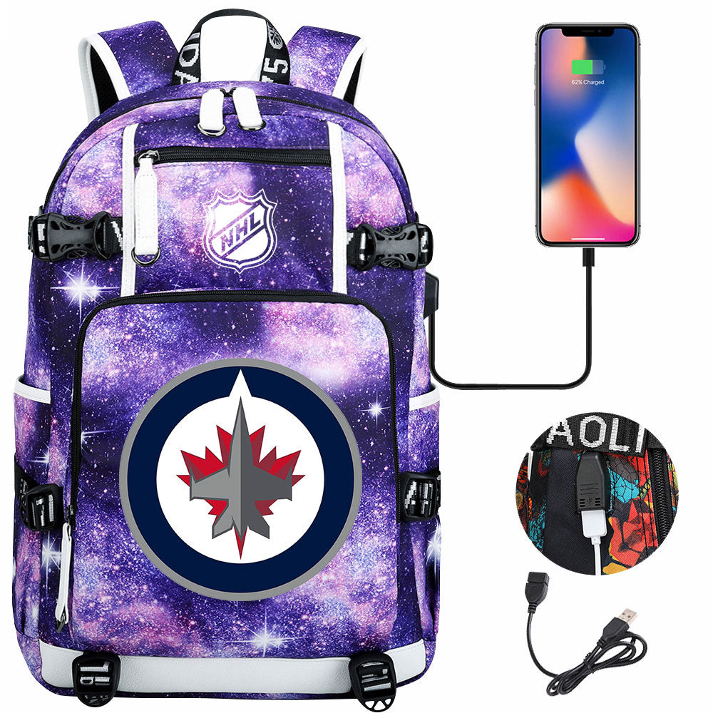 Winnipeg Jets Hockey League USB Charging Backpack School Notebook Travel Bags