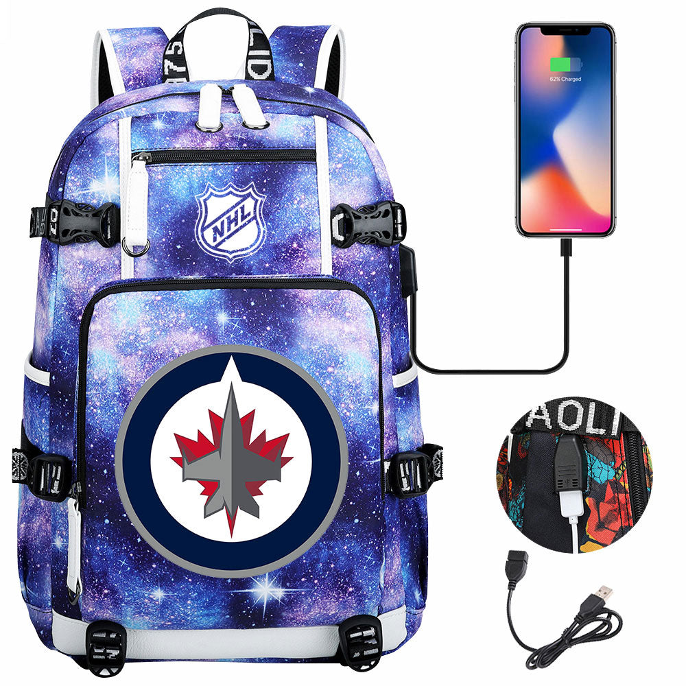 Winnipeg Jets Hockey League USB Charging Backpack School Notebook Travel Bags