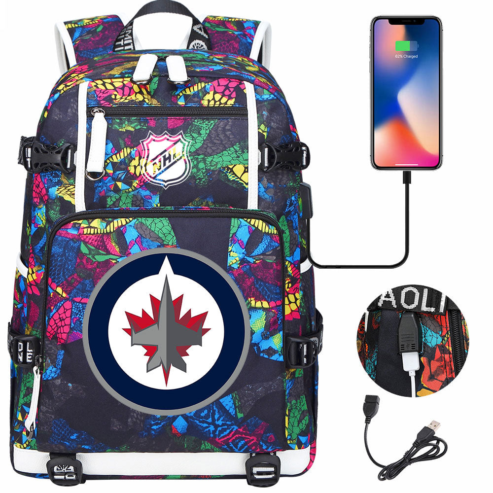 Winnipeg Jets Hockey League USB Charging Backpack School Notebook Travel Bags