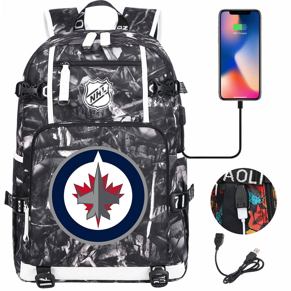 Winnipeg Jets Hockey League USB Charging Backpack School Notebook Travel Bags