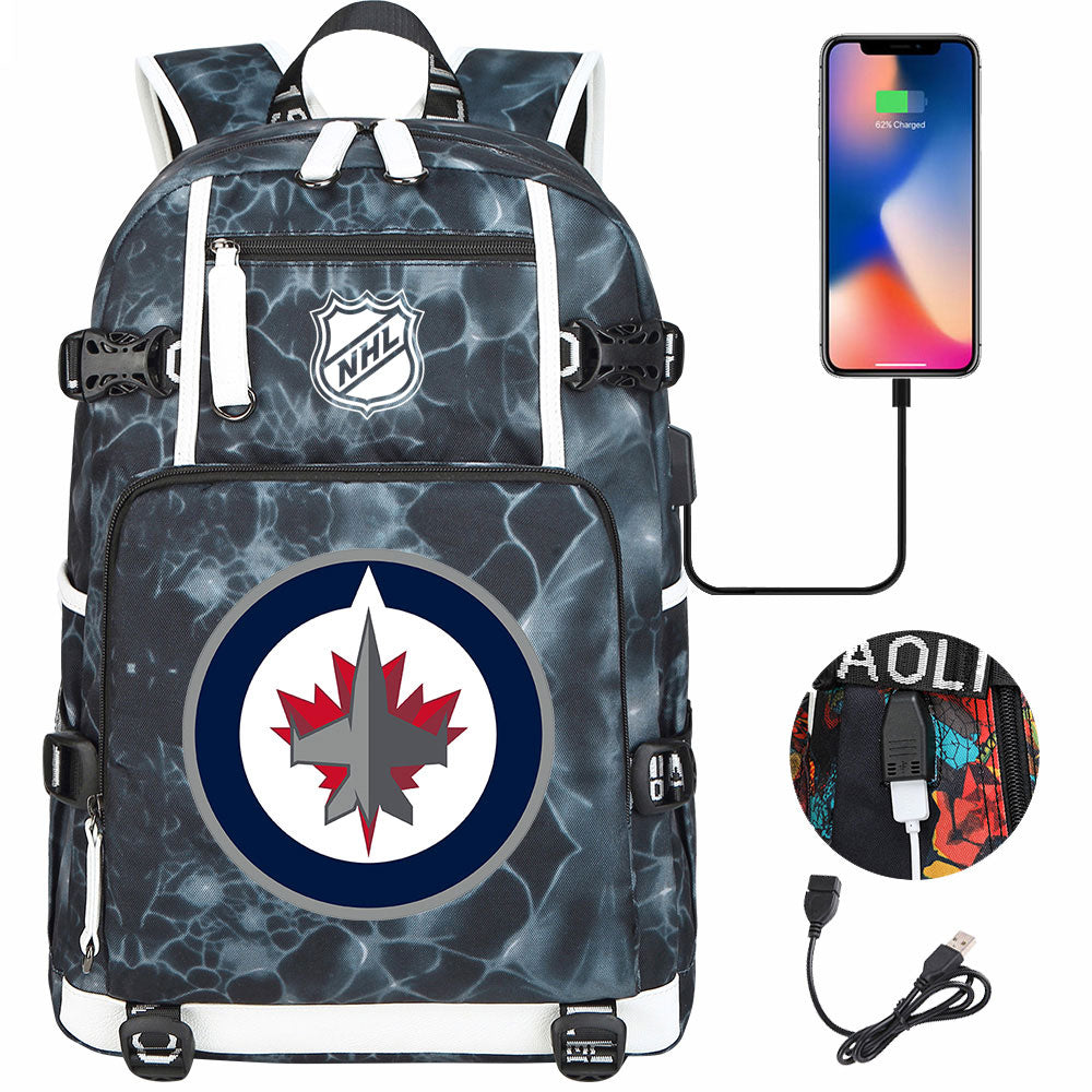 Winnipeg Jets Hockey League USB Charging Backpack School Notebook Travel Bags