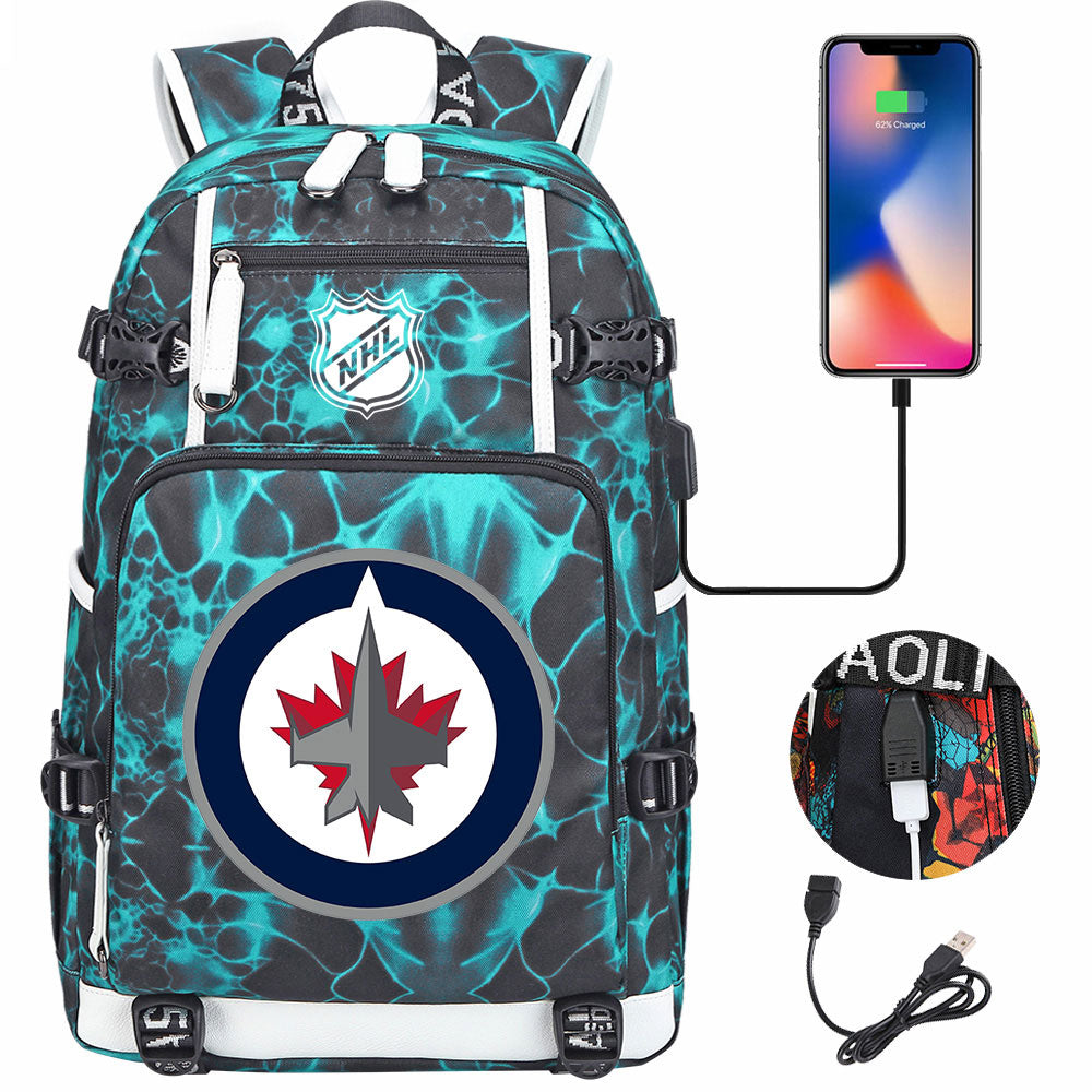 Winnipeg Jets Hockey League USB Charging Backpack School Notebook Travel Bags