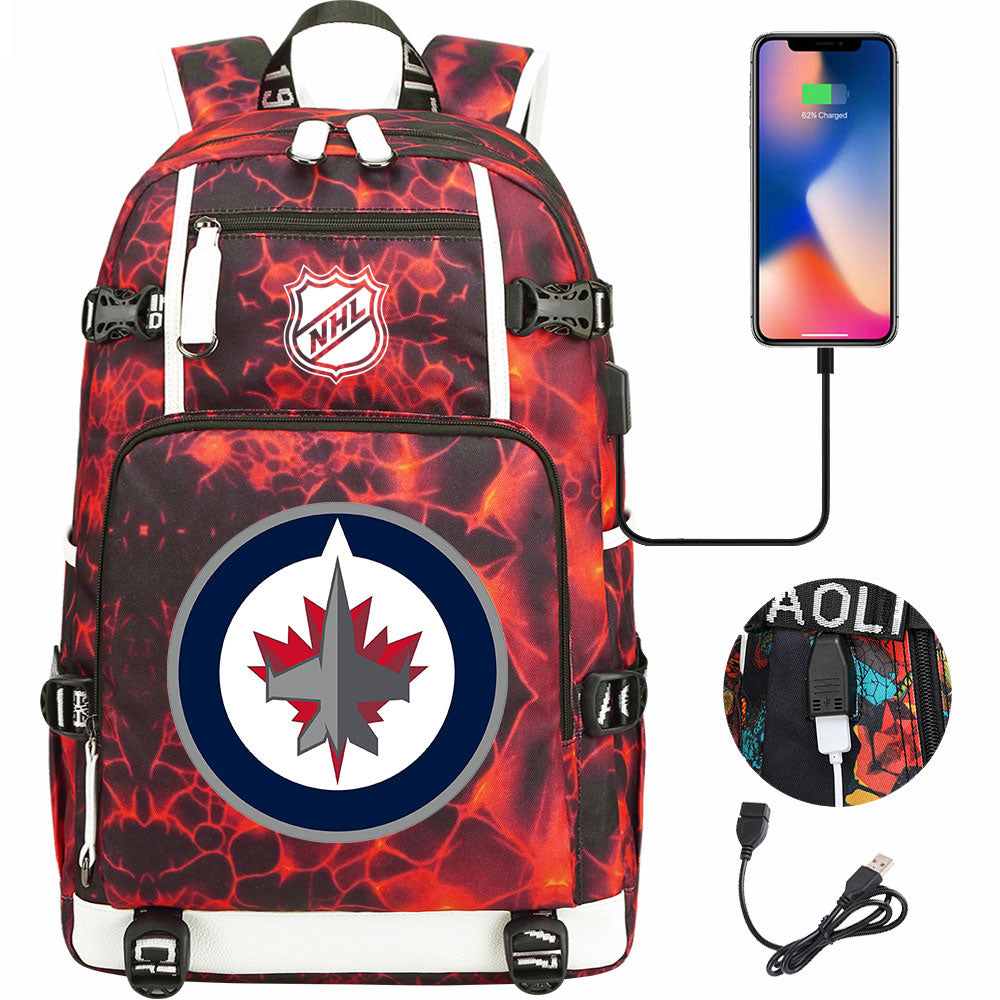 Winnipeg Jets Hockey League USB Charging Backpack School Notebook Travel Bags