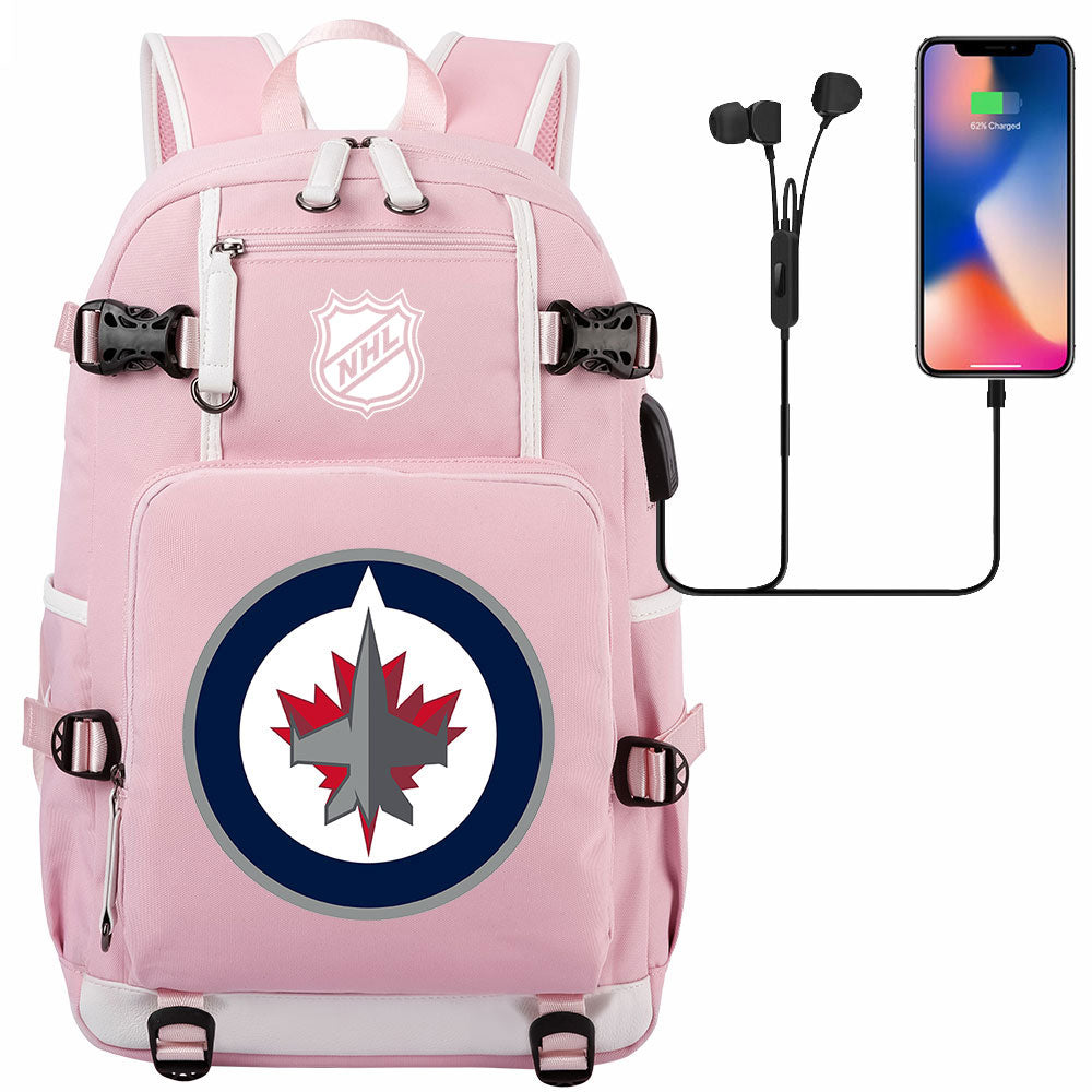 Winnipeg Jets Hockey League USB Charging Backpack School Notebook Travel Bags