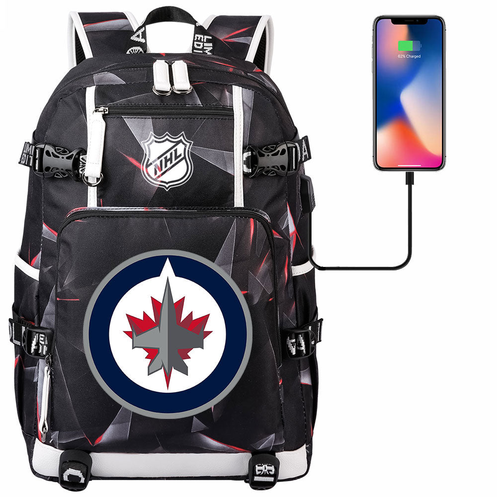 Winnipeg Jets Hockey League USB Charging Backpack School Notebook Travel Bags