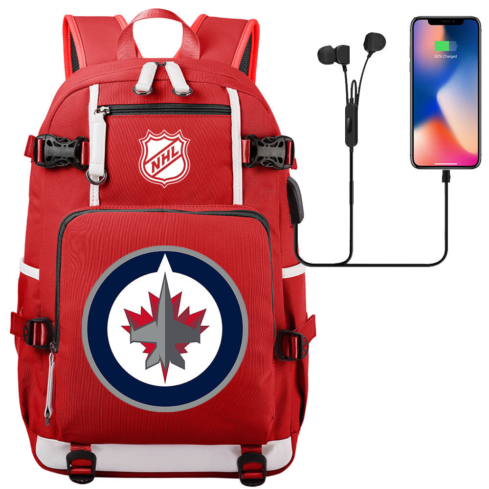 Winnipeg Jets Hockey League USB Charging Backpack School Notebook Travel Bags