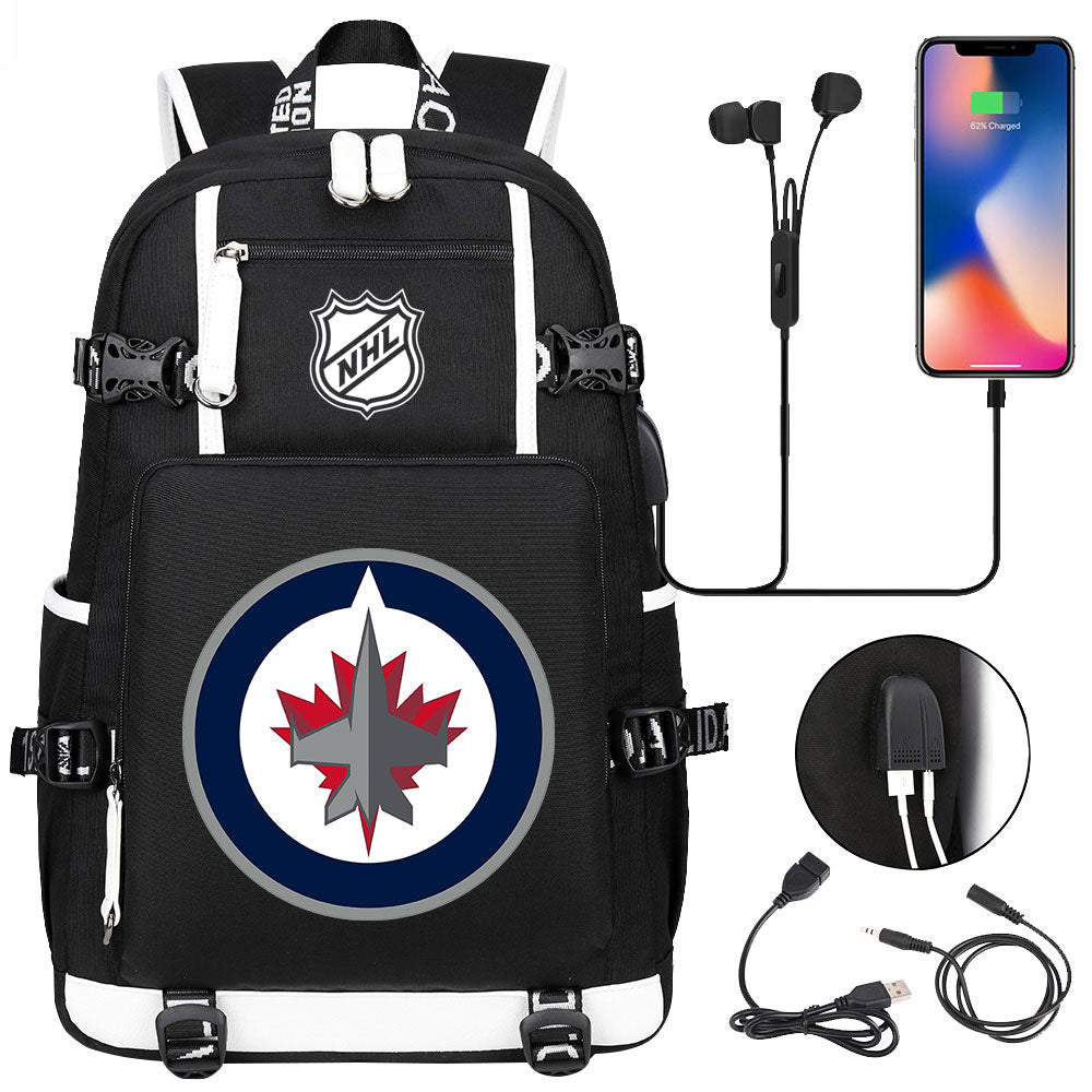 Winnipeg Jets Hockey League USB Charging Backpack School Notebook Travel Bags