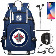 Winnipeg Jets Hockey League USB Charging Backpack School Notebook Travel Bags