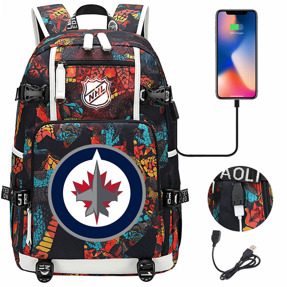 Winnipeg Jets Hockey League USB Charging Backpack School Notebook Travel Bags