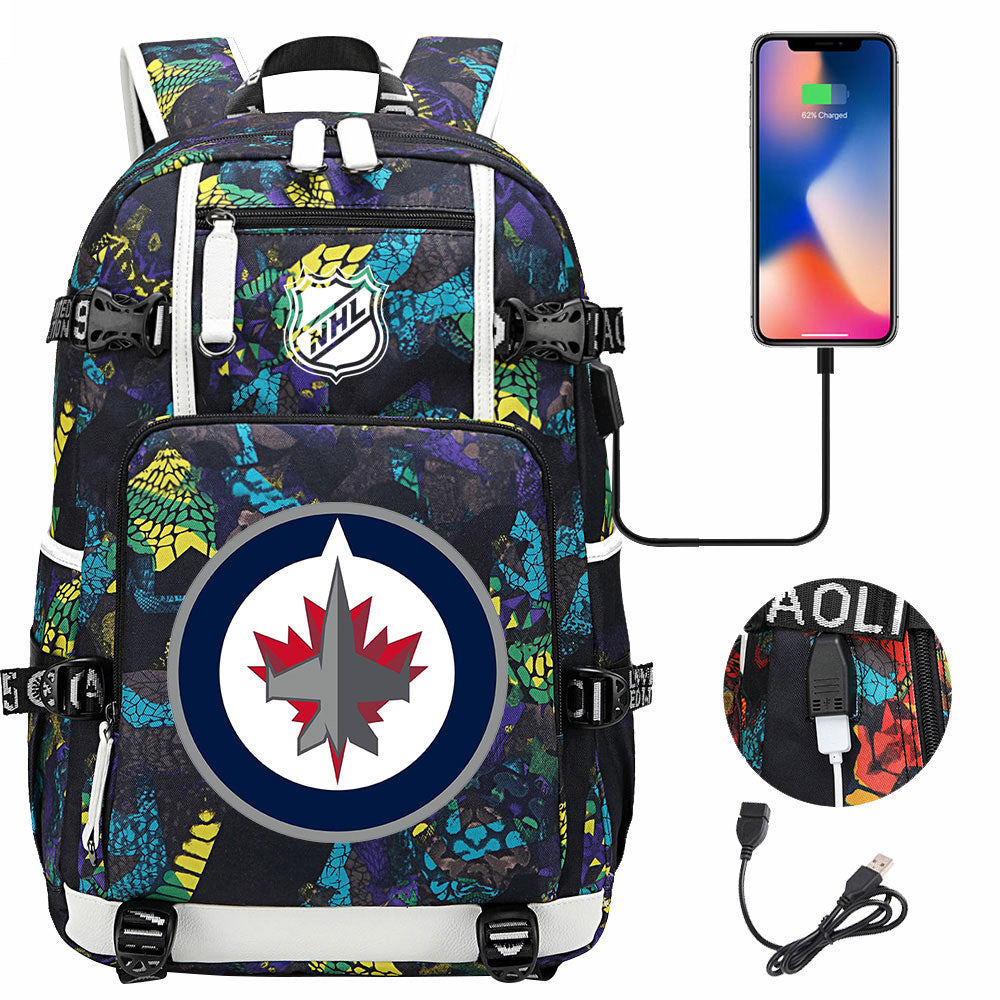 Winnipeg Jets Hockey League USB Charging Backpack School Notebook Travel Bags