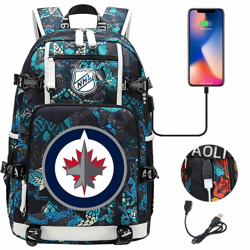 Winnipeg Jets Hockey League USB Charging Backpack School Notebook Travel Bags