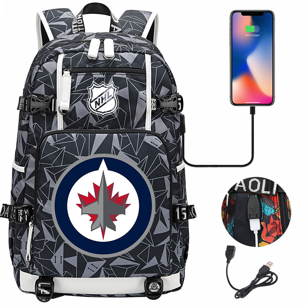 Winnipeg Jets Hockey League USB Charging Backpack School Notebook Travel Bags