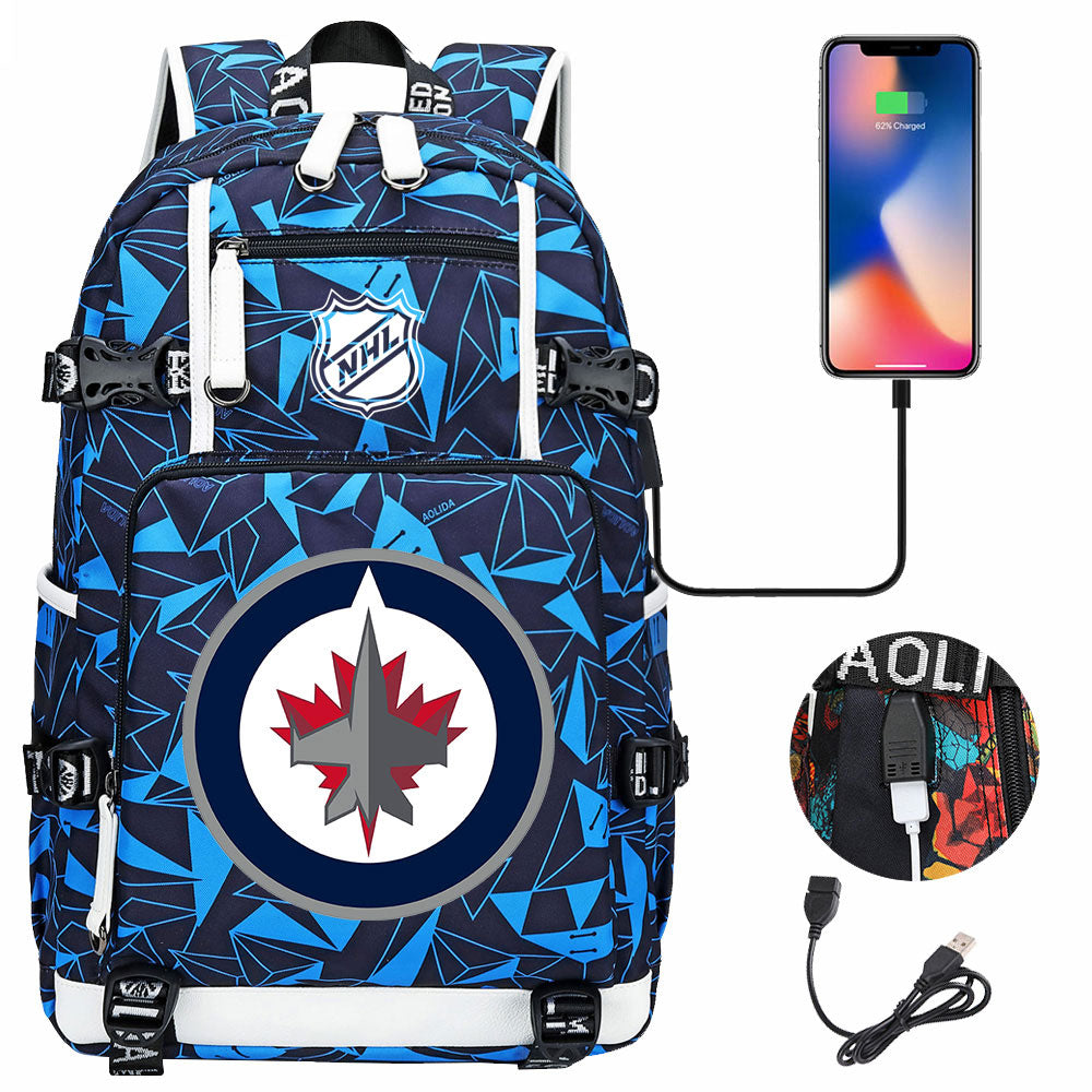 Winnipeg Jets Hockey League USB Charging Backpack School Notebook Travel Bags