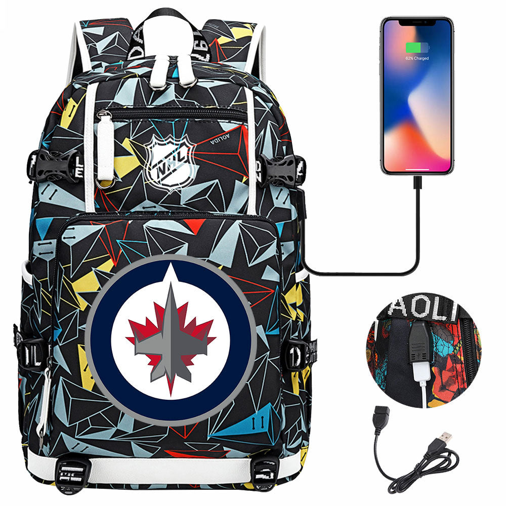 Winnipeg Jets Hockey League USB Charging Backpack School Notebook Travel Bags