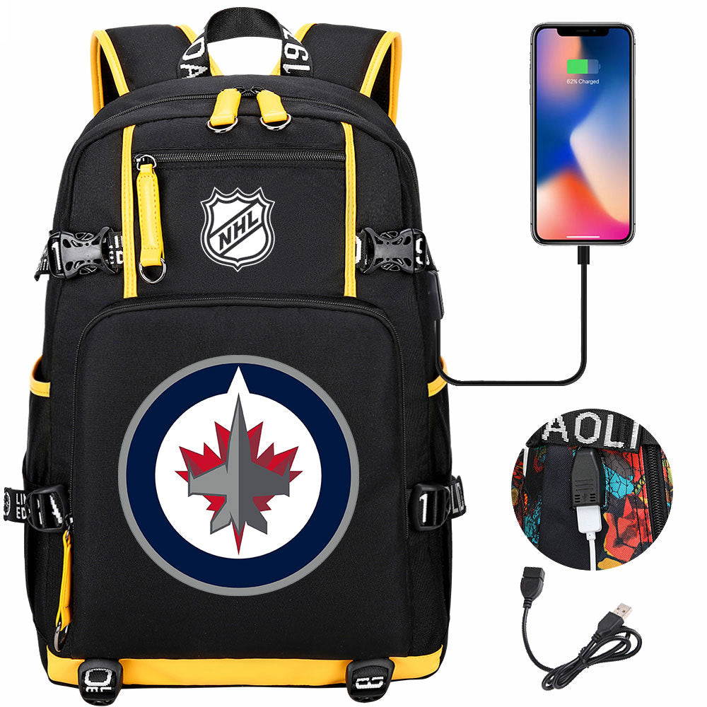 Winnipeg Jets Hockey League USB Charging Backpack School Notebook Travel Bags