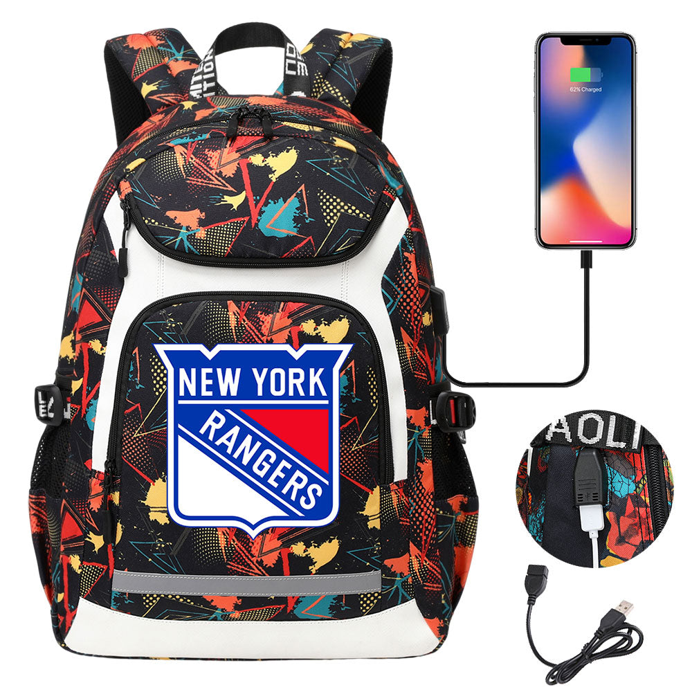 New York Rangers Hockey League USB Charging Backpack School Notebook Travel Bags