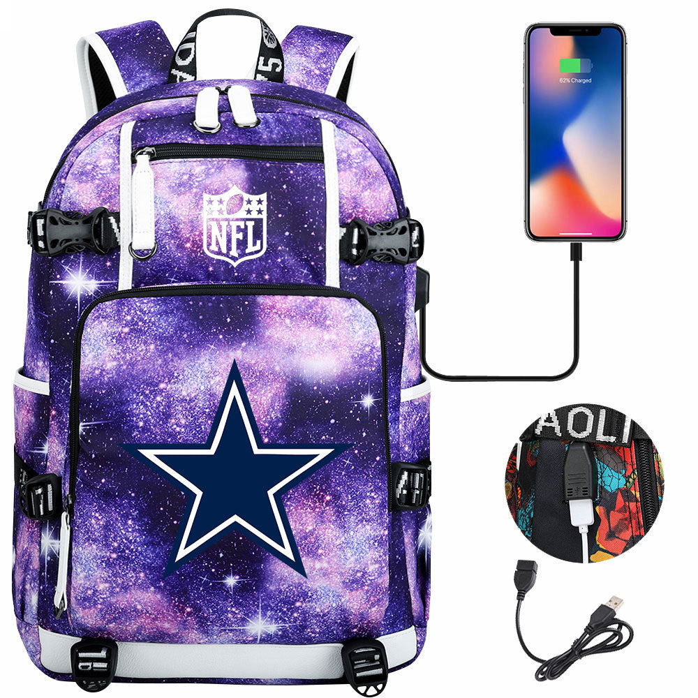 Dallas Cowboys Football Team USB Charging Backpack School Notebook Travel Bags