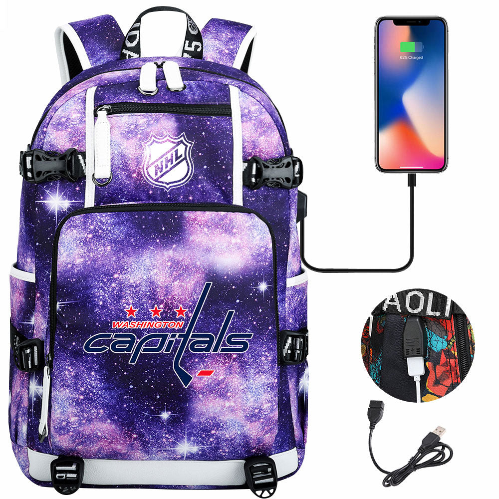 Washington Capitals Hockey League USB Charging Backpack School Notebook Travel Bags