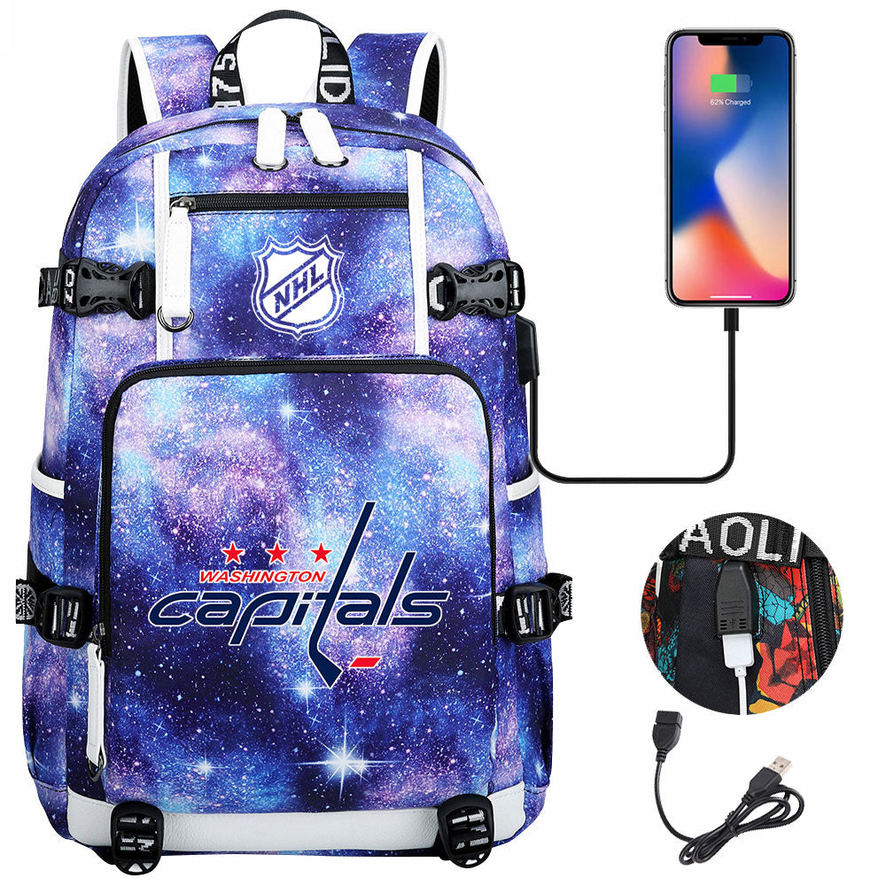 Washington Capitals Hockey League USB Charging Backpack School Notebook Travel Bags