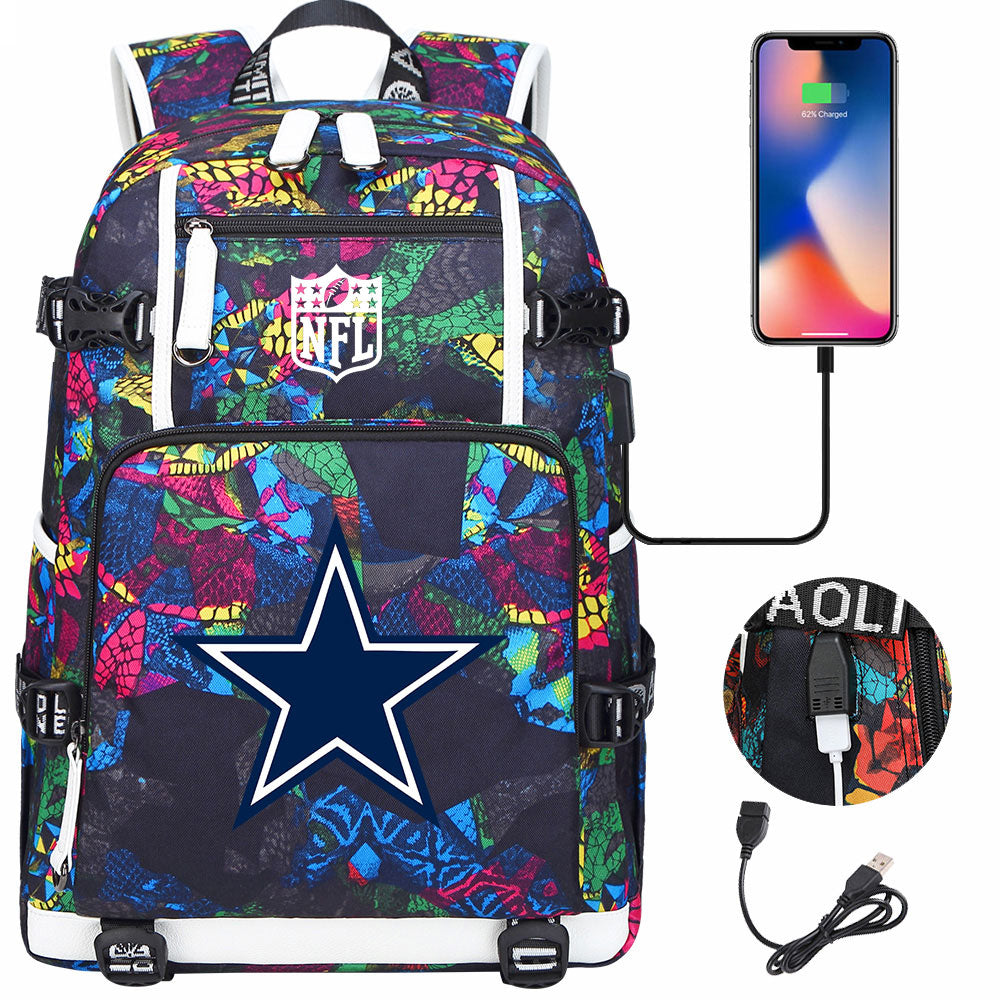 Dallas Cowboys Football Team USB Charging Backpack School Notebook Travel Bags