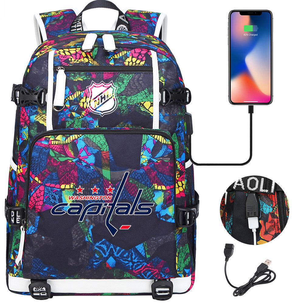 Washington Capitals Hockey League USB Charging Backpack School Notebook Travel Bags