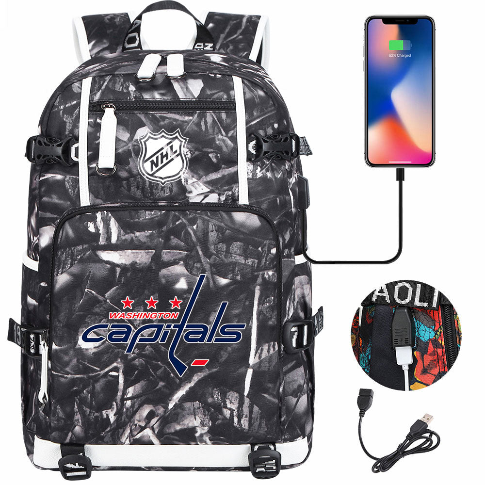 Washington Capitals Hockey League USB Charging Backpack School Notebook Travel Bags