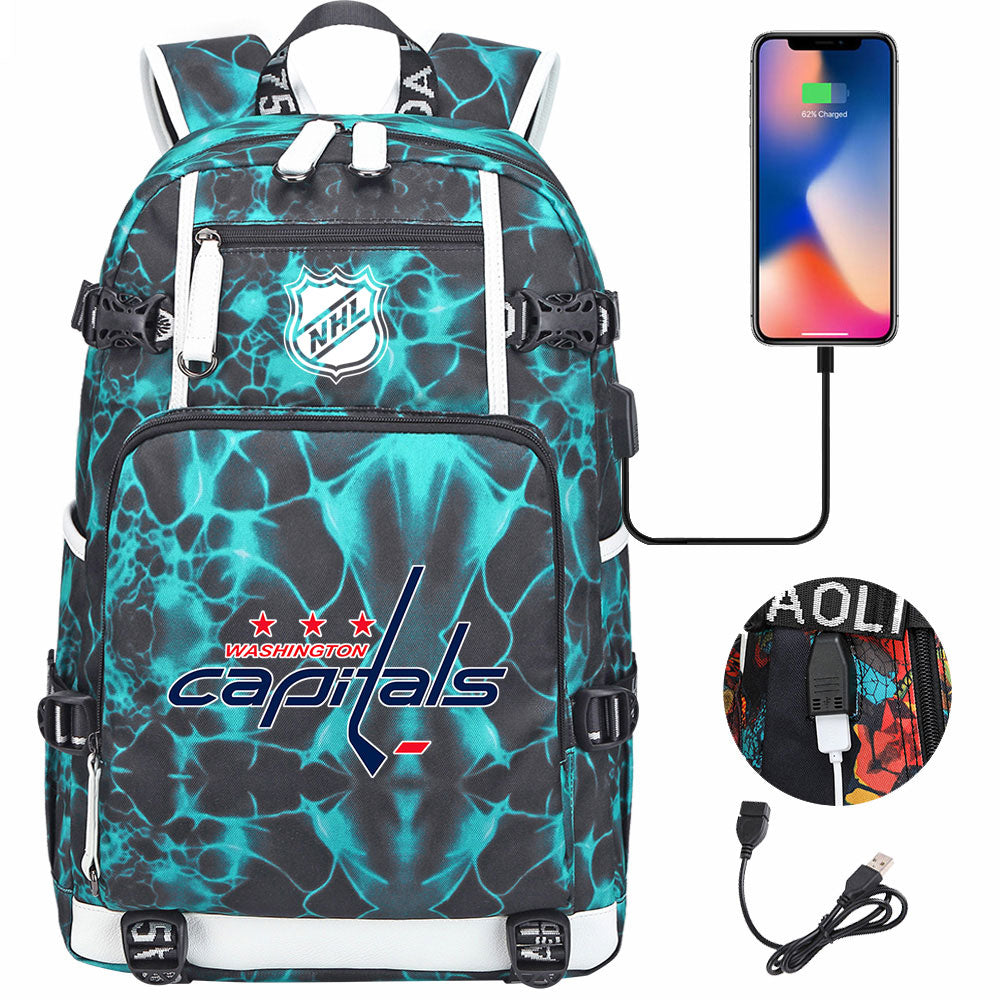 Washington Capitals Hockey League USB Charging Backpack School Notebook Travel Bags