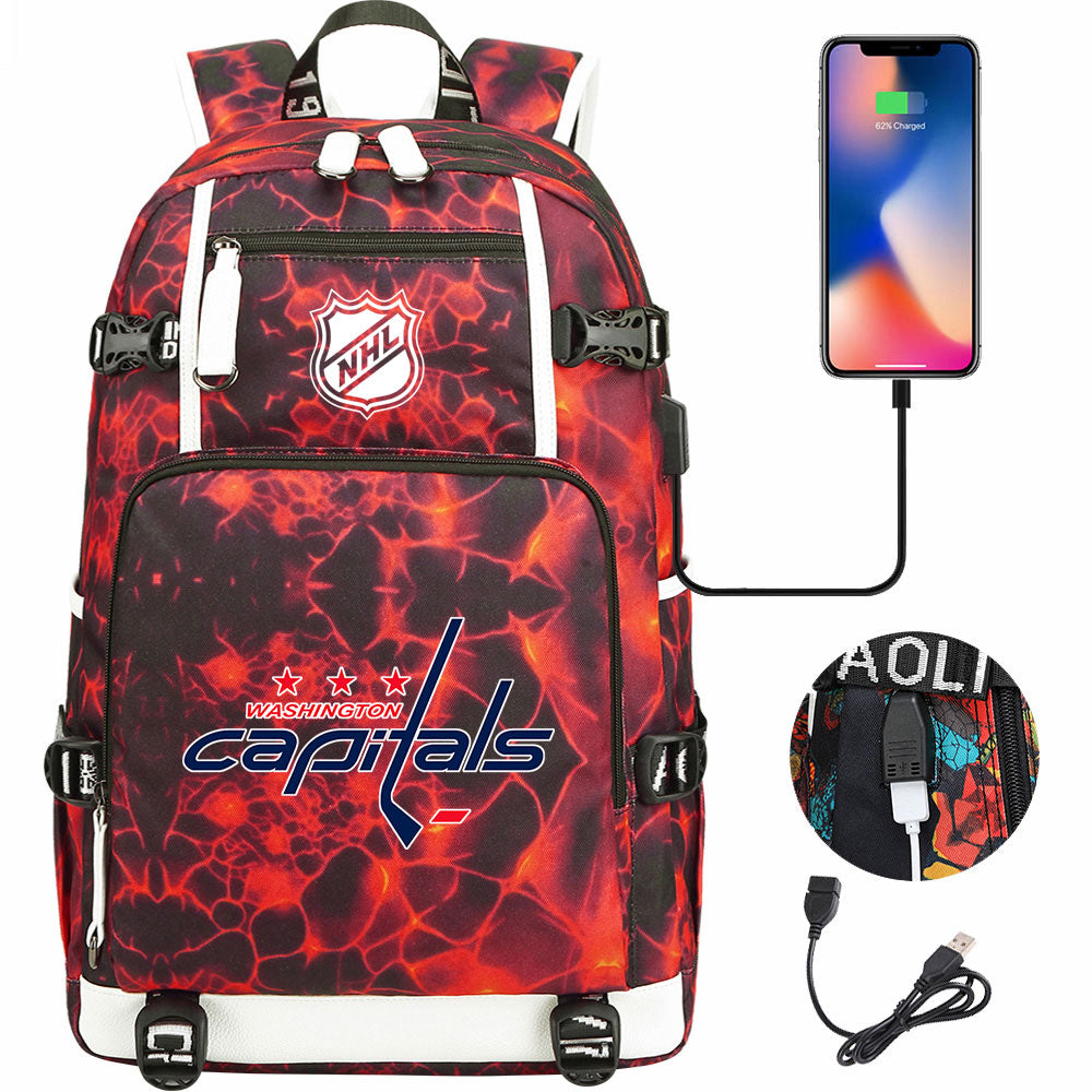 Washington Capitals Hockey League USB Charging Backpack School Notebook Travel Bags