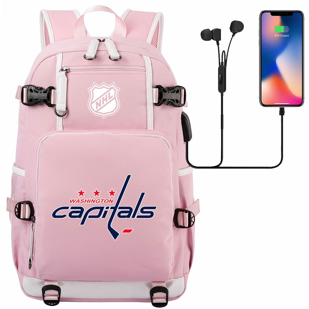 Washington Capitals Hockey League USB Charging Backpack School Notebook Travel Bags