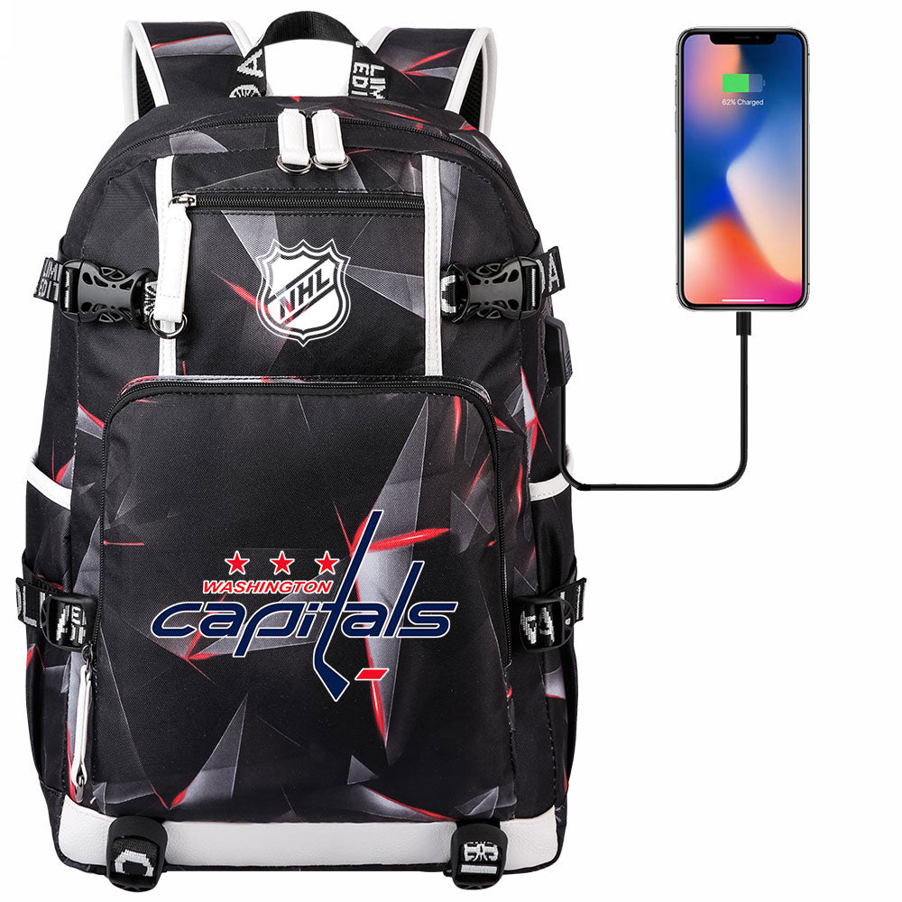 Washington Capitals Hockey League USB Charging Backpack School Notebook Travel Bags