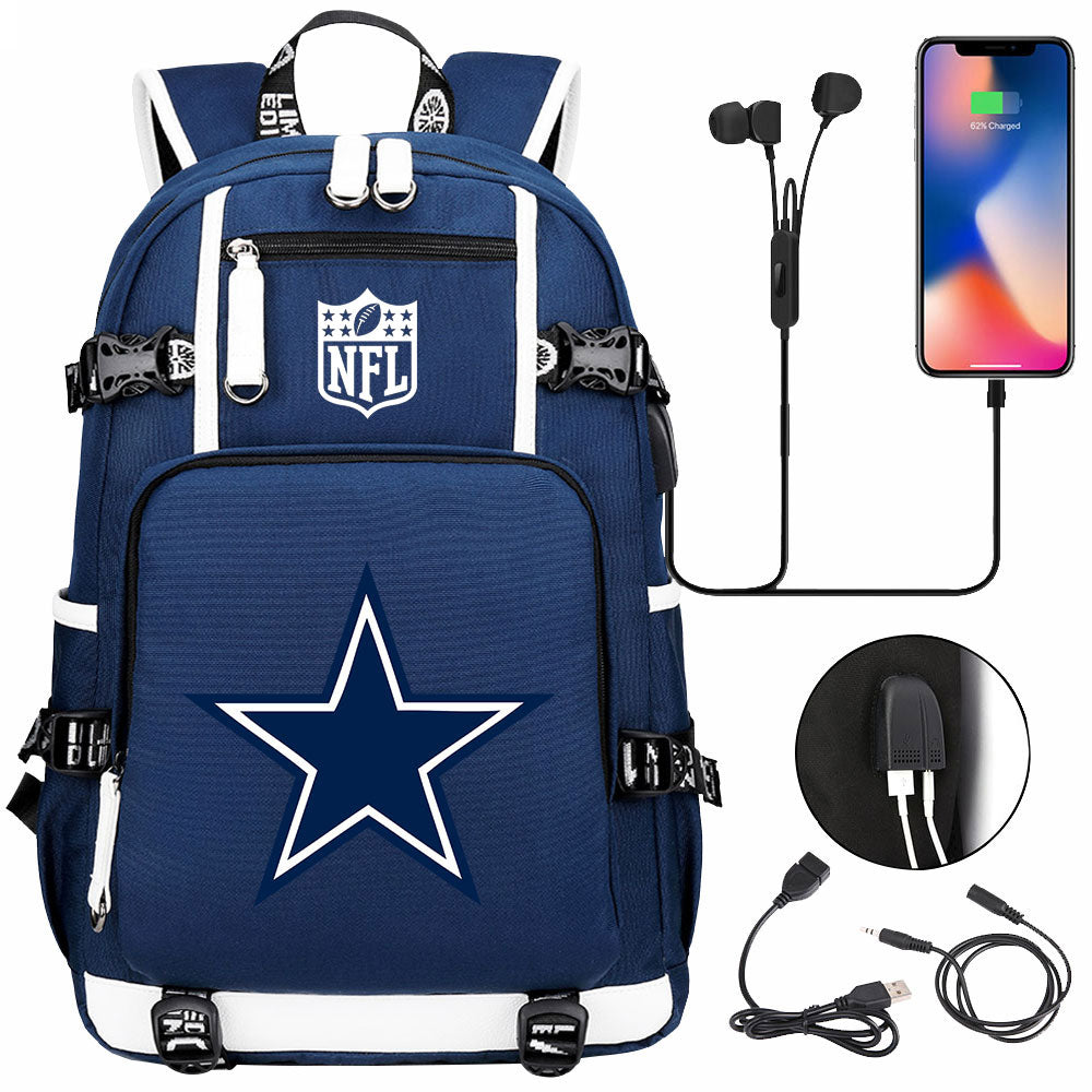 Dallas Cowboys Football Team USB Charging Backpack School Notebook Travel Bags