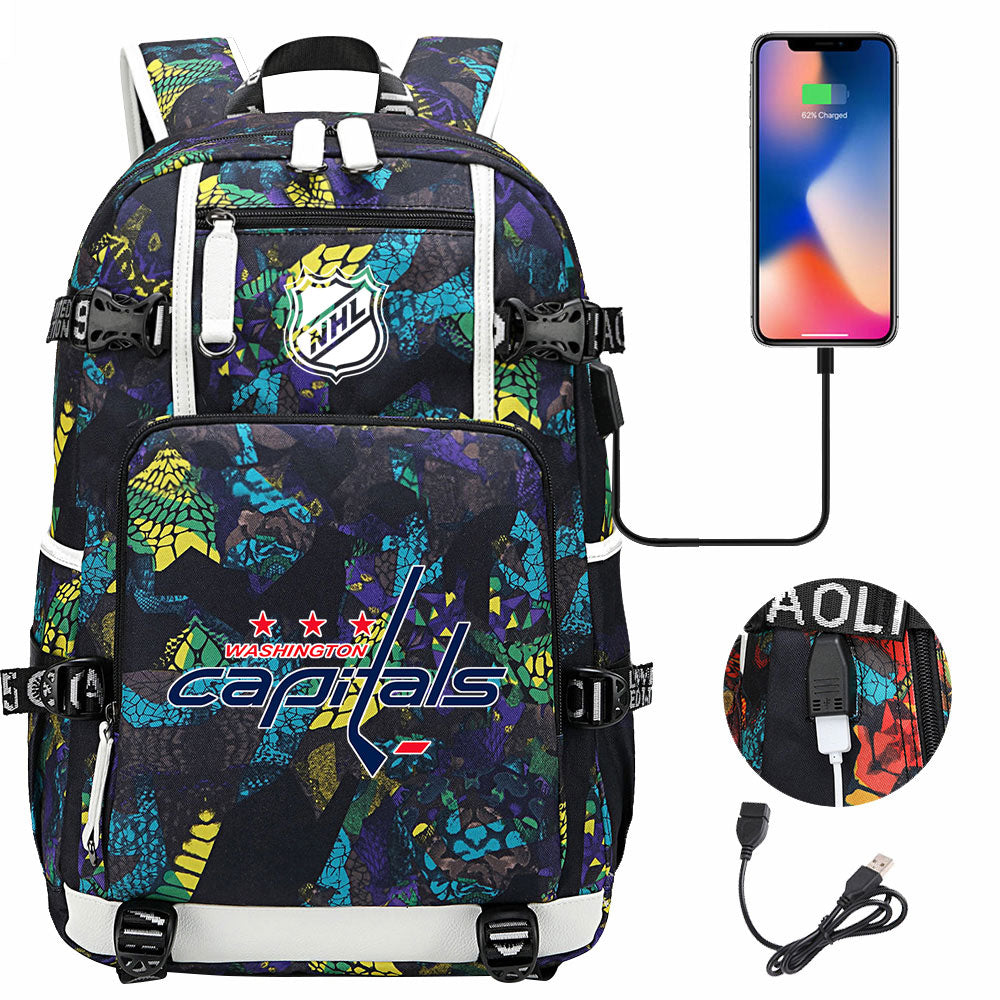 Washington Capitals Hockey League USB Charging Backpack School Notebook Travel Bags