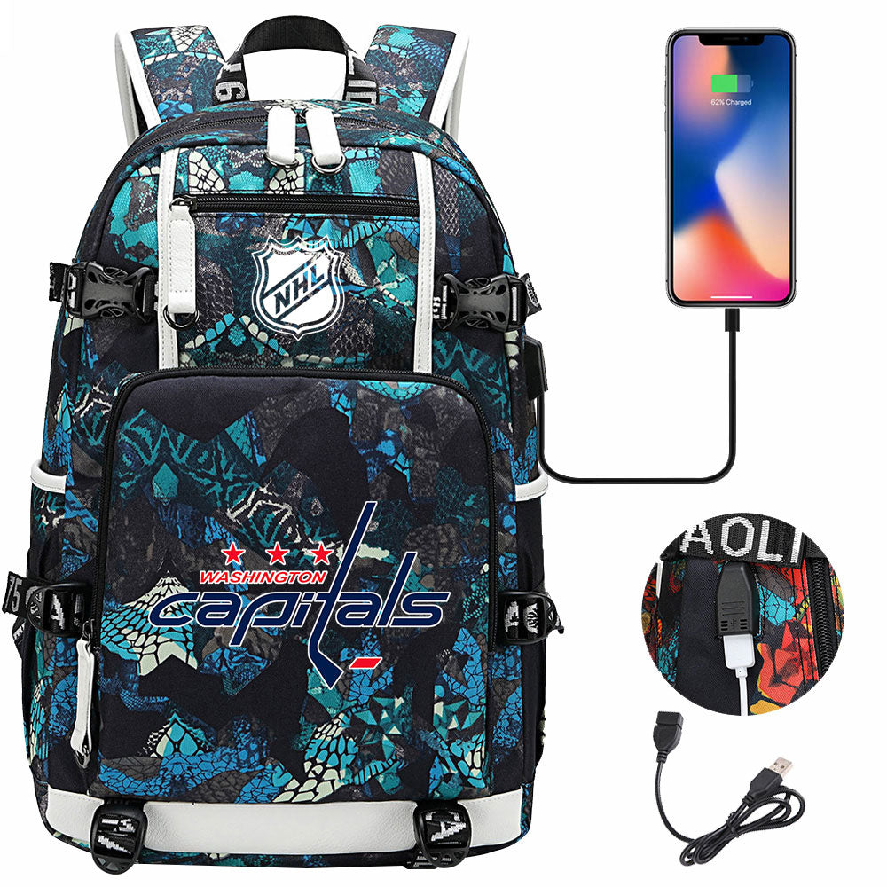 Washington Capitals Hockey League USB Charging Backpack School Notebook Travel Bags