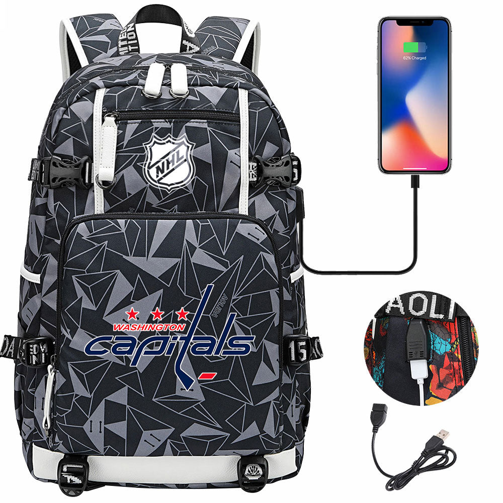 Washington Capitals Hockey League USB Charging Backpack School Notebook Travel Bags