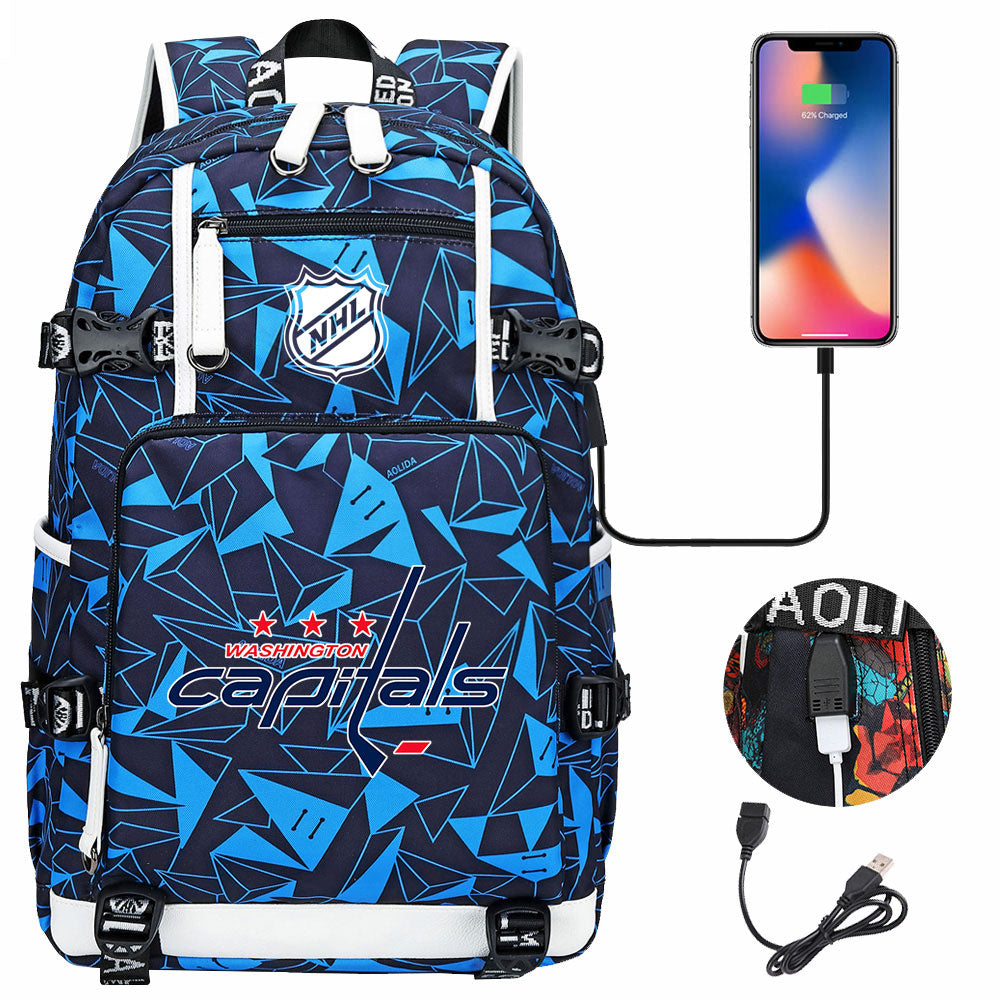 Washington Capitals Hockey League USB Charging Backpack School Notebook Travel Bags